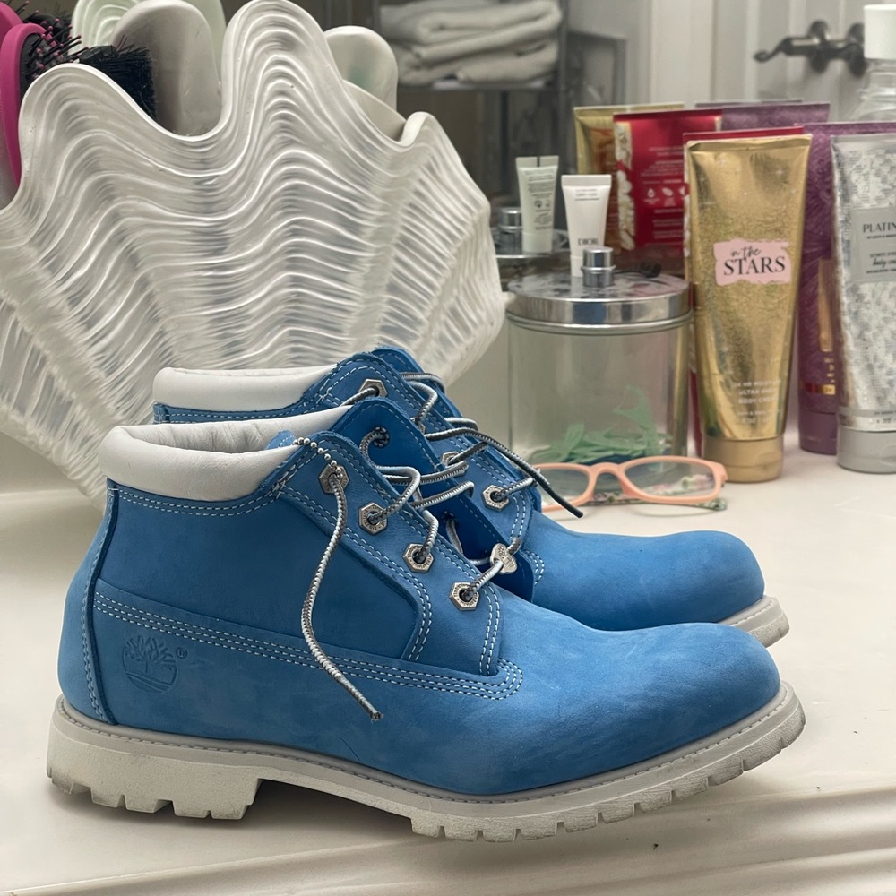 Timberland Sky Blue Boots with White Accents
